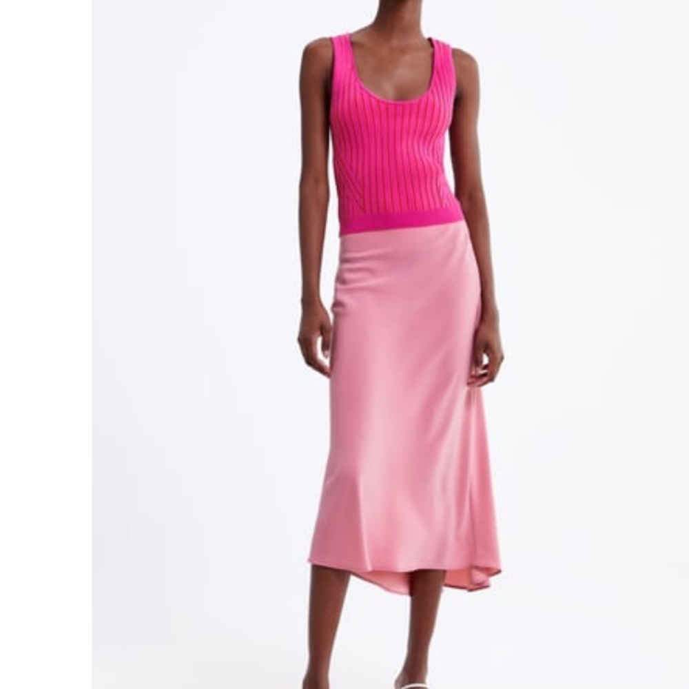 Pink satin midi skirt